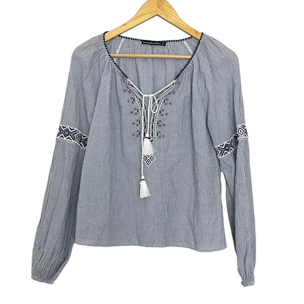Abercrombie & Fitch Embroidered V-Neck Rope Tassel Tie Balloon Sleeves Boho Top